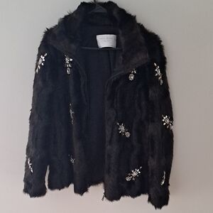 Zara Elegant Black Teddy Jacket with Crystal Accents